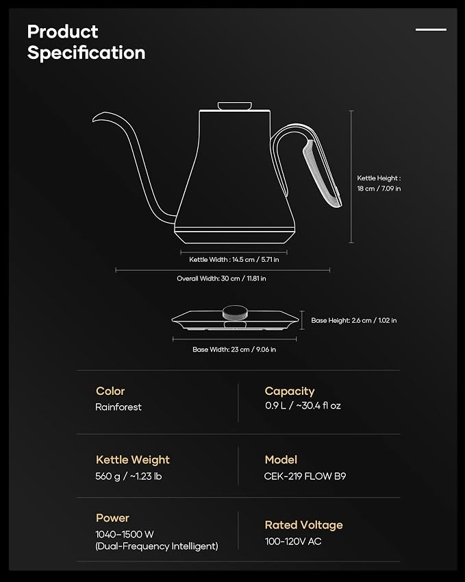 Cocinare Gooseneck Electric Kettle, ±1°F Precise Temperature Control, 1500W Fast Heating, Pour Over Coffee & Tea Kettle with Brew Timer & Keep Warm, Stainless Steel, 0.9L (Rainforest)