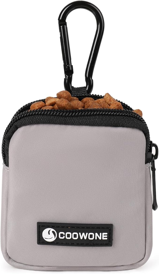 Dog Treat Pouch Pocket Sized Pet Puppy Training Pouch for Dog Training Behavior Aids, Waterproof Nylon Fabric Dog Poop Bag Holder, Hands Free Dog Walking Bag with Metal Carabiner (Grey)