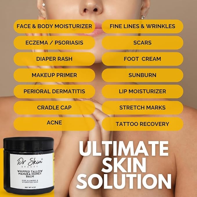 Whipped Beef Tallow and Manuka Honey Balm, 4oz, Orange scent, Grass Fed Grass Finished Organic Face Cream, Body Lotion, and Lip Balm for psoriasis, eczema and babies