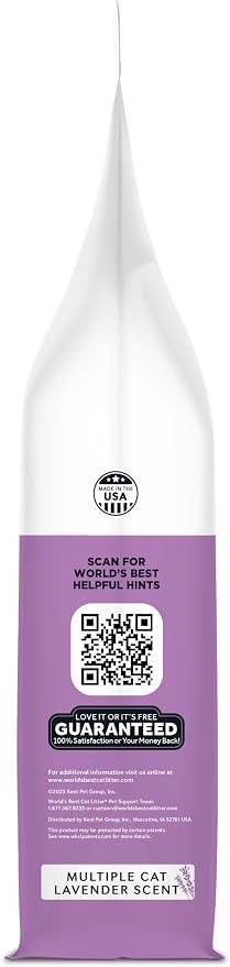 World's Best Cat Litter, Lavender Scented, Long-Lasting Odor Control, 15 lb | Controls multi-cat odors with a calming lavender scent; natural corn litter, quick clumping, flushable, 99% dust free formula