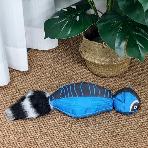 14.96 Inch Blue Raccoon Slingshot Flying Dog Toy, Oxford Squeaky Chew Toy for Fetch Training, Interactive Durable Toy for Medium Large Dogs