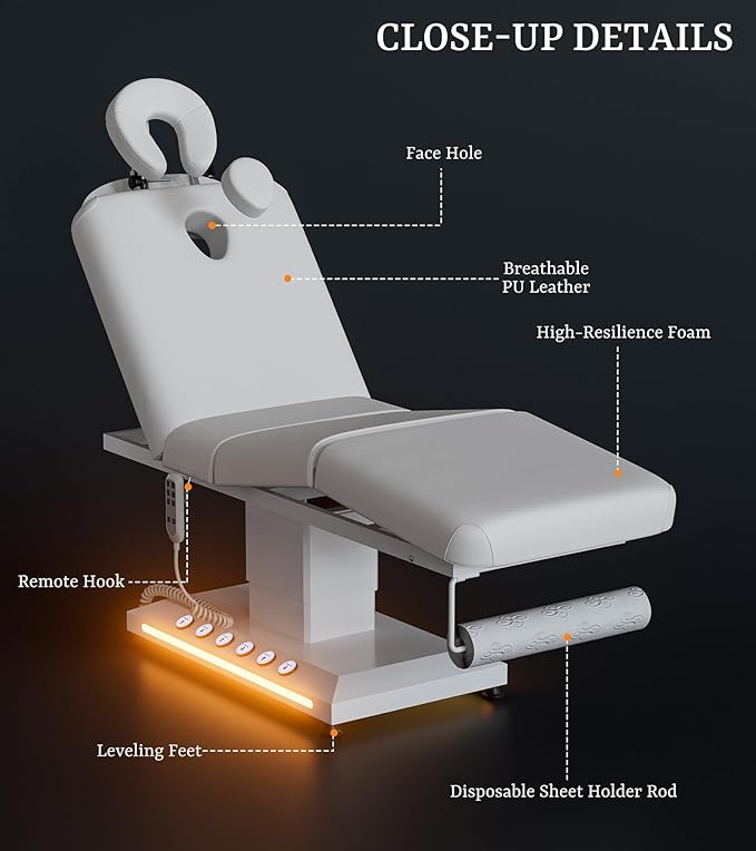 Icoget Professional Full Electric Spa Massage Treatment Table, Medical Bed with Independent Leg Adjustment, Facial Bed with Face Cradle for Beauty, White