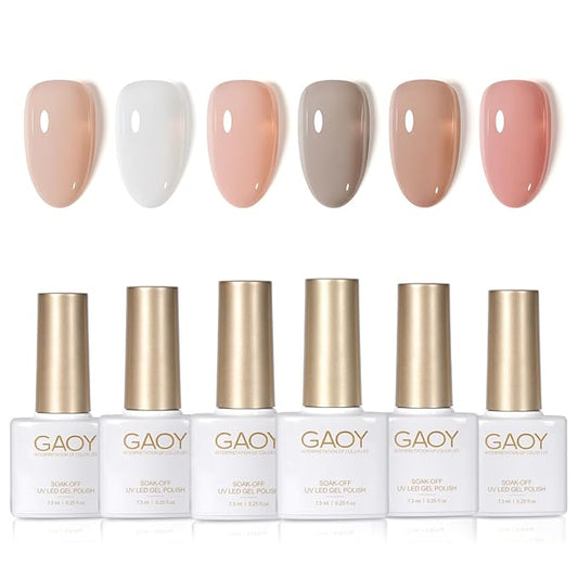 GAOY Jelly White Pink Gel Nail Polish Set, 6 Transparent Colors Sheer Nude Brown, Soak Off UV Light Cure Gel Polish Kit for Nail Art DIY at Home