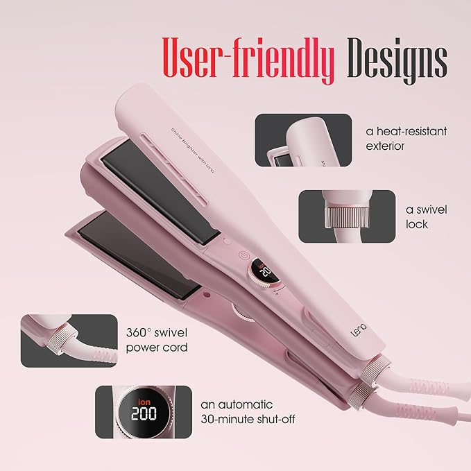 Professional Hair Straightener LENA H2S Wide Flat Iron with Wider Titanium Plates, 12 Adjustable Temps, LED Display, Fast Heating, Dual Voltage & 30 Minutes Auto Power-Off