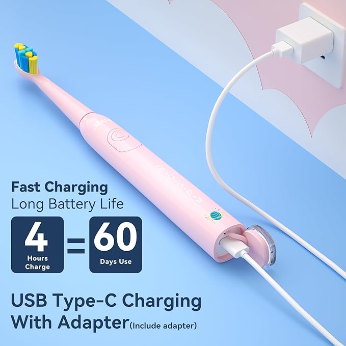 SEAGO Kids Electric Toothbrush, Sonic Soft Bristle Rechargeable Toothbrushes with DIY Stickers, 5 Modes, Includes 4 Replacement Brush Heads, Ages 3 to 12 Years Old (Pink)