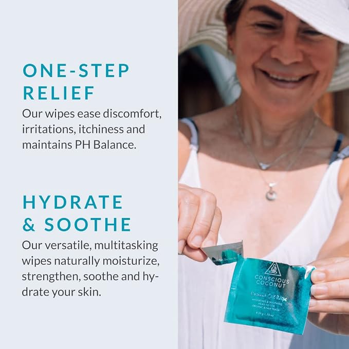 Organic Coconut Oil Intimate Wipes – Sensitive Skin Feminine Wipes, Biodegradable, Individually Wrapped, Moisturizing & Gentle – Ideal for Daily Use