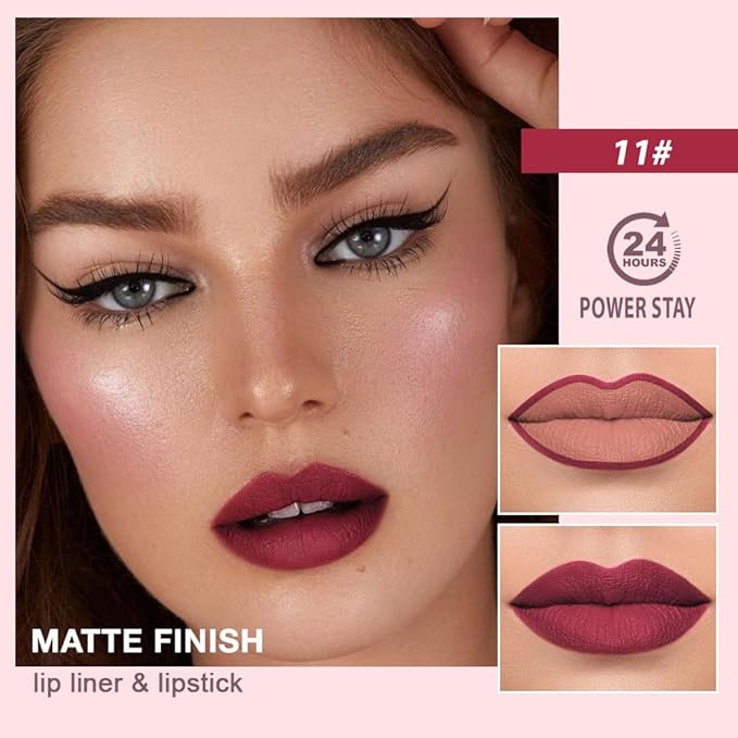 2 in 1 Matte Lipstick Lip Liner Pencil Set,Wine Red Waterproof Lip Stick Lip liner Combo for Old Women Long Lasting Lipstick,labiales mate 24 horas originales