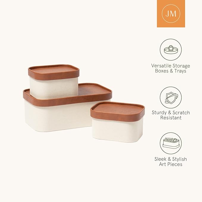 LA JOLIE MUSE Decorative Storage Boxes with Lids Faux Leather, Beige 3 Pack | Vegan Leather Lids, Fabric Covered Storage Basket, Organizer for Jewelry, Shelves, Bedroom & Closet Storage Memory Box