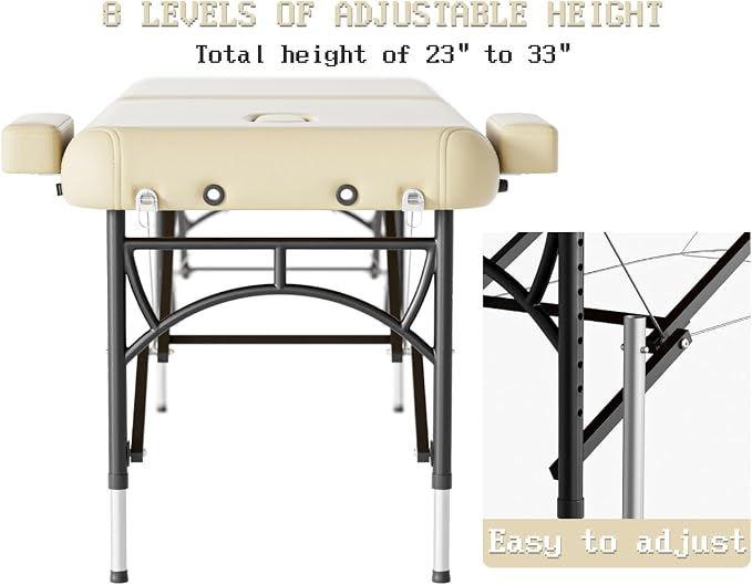 Professional Massage Table Portable 2 Fold Premium Memory Foam Aluminium Leg Hold Up to 1100LBS 8 Heights Adjustable with Carrying Bag Cream