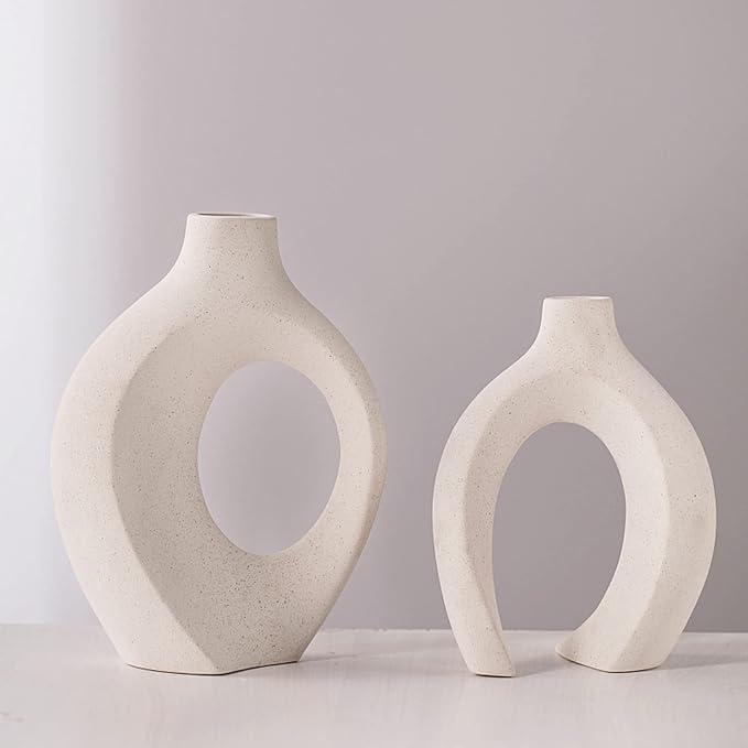 Hollow Ceramic Vase Set of 2, Modern Nordic Minimalist Book Style Boho Aesthetic Vases for Home Decor Living Room Shelf Entryway Coffee Centerpiece Table Decorative (Cream White)
