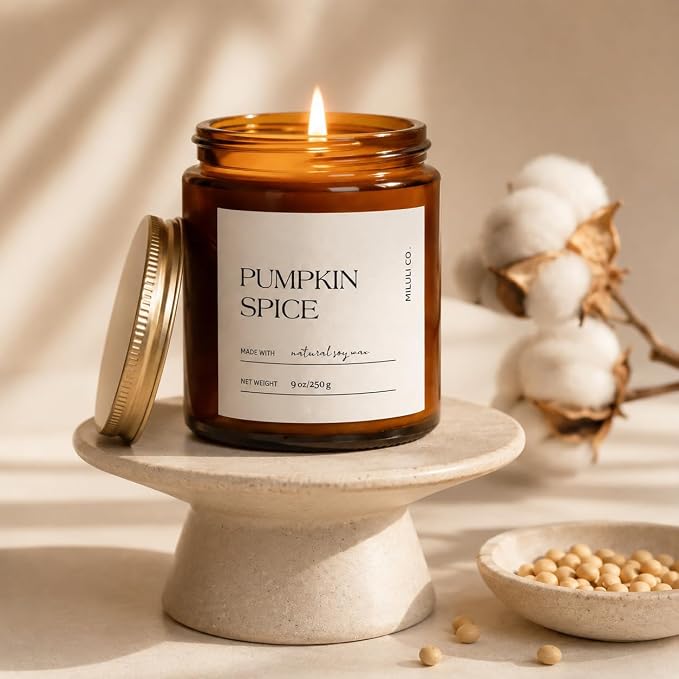 Pumpkin Spice Scented Soy Candle for Home, Natural Aromatherapy Candles with Essential Oils, Nontoxic Clean Burn, Strong Balanced Scent, 50 Hour Longlasting, Amber Jar Candel for Relax(9oz)