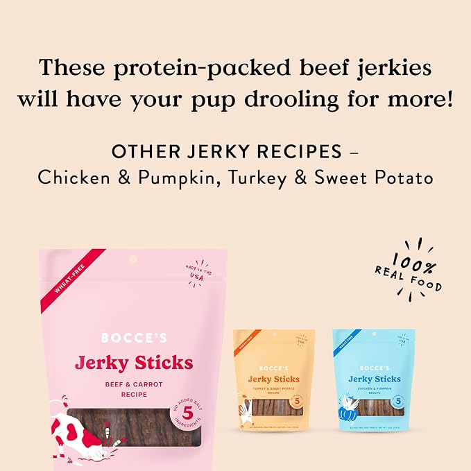 Bocce's Bakery Beef & Carrot Flavor Jerky Stick Dog Treats, 4 oz | High-Protein, Wheat-Free, Limited-Ingredient Treats with No Added Salt or Sugar - Baked in The USA