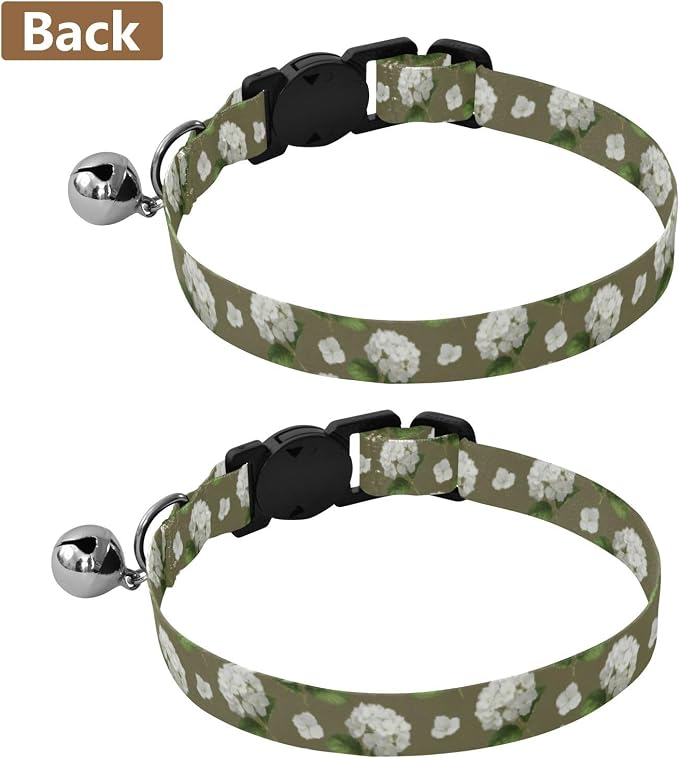 2 Pack Pet Collar White Hydrangea Green Collar with Bell for Dog Puppy, Adjustable Length 10.6" to 17.1"