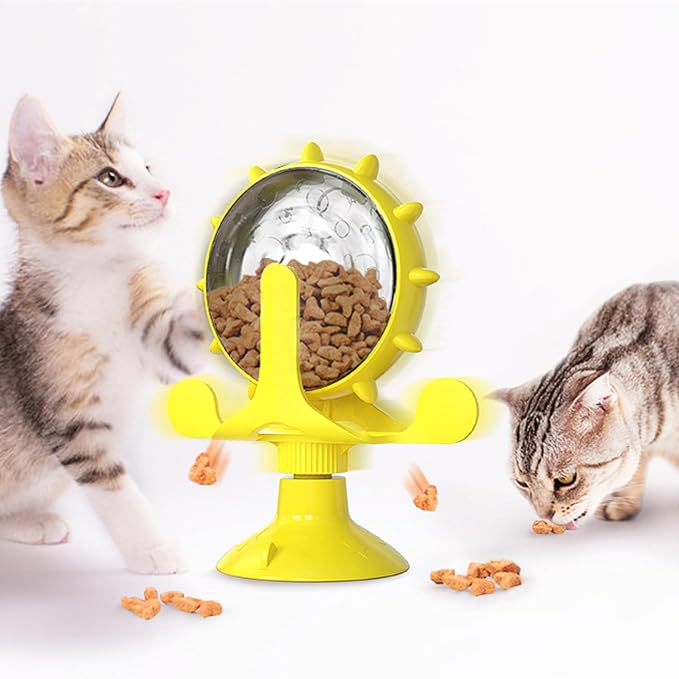 Interactive Cat Slow Feeder, Rotating Durable Dog Puzzle Toy, Mental Stimulation Treat Dispenser with Powerful Suction Cups for Cats and Dogs (Yellow)