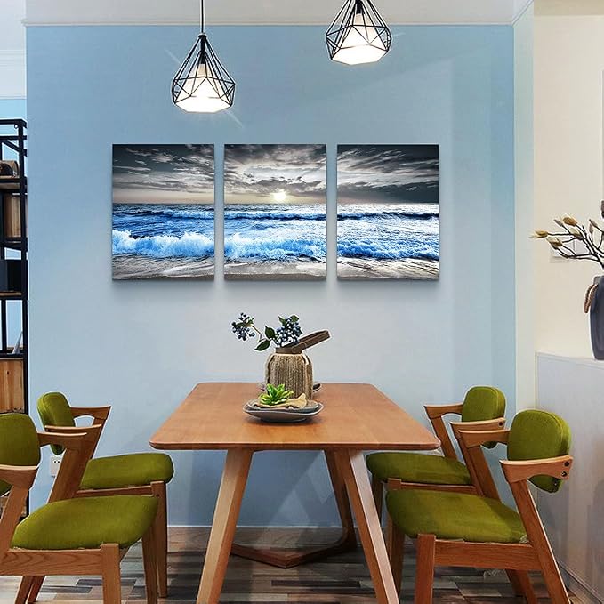 MHARTK66 3 Panel Blue Beach Canvas Wall Art for Home Decor Bedroom Wall painting Sunset White Wave Beach Pictures on Canvas Sea View Canvas Prints Artwork for Wall Decor Living Room Decorations