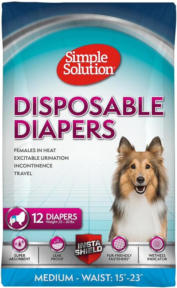 Simple Solution Female Dog Diapers, Disposable Dog Diapers, M, 12 Count | Dog in Heat, Potty Training, Incontinence Support, Leak Proof, Puppy Training, Disposable Protection, Secure Fit, 15-23 Inch