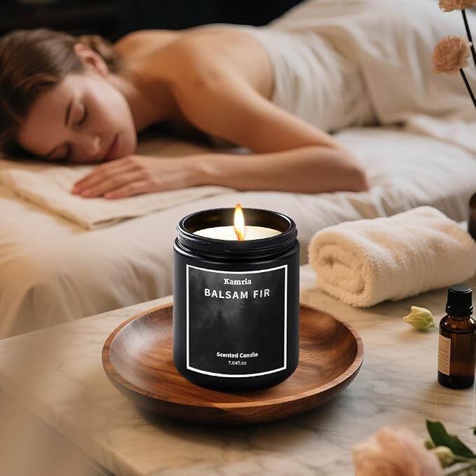 Balsam Fir Scented Candle, Fresh Pine & Evergreen Woodsy Aromatherapy in Black Jar, Natural Soy Wax for Home Decor, Crisp Winter Forest Scent for Men and Women, 7oz