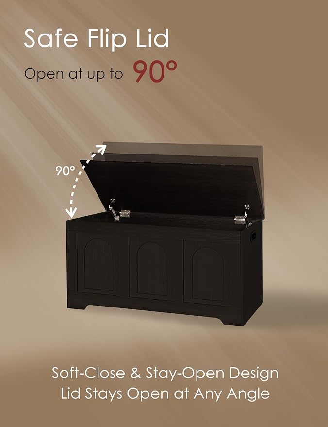 Storage Chest, Wooden Toy Box, Espresso 39.4" L | Entryway Shoe Bench, 2 Soft-close Hinges, Finger-safe Flip-Top Lid, Easy Assembly, Farmhouse Large Trunk, Living Room/Bedroom