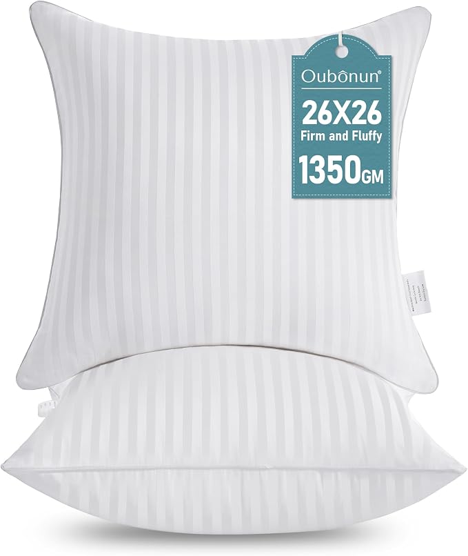 Oubonun 26 x 26 Throw Pillow Inserts Set of 2 | Firm and Fluffy Decorative Square Pillows for Couch Bed Sofa with Soft Cotton Cover White Cushion with Down Alternative