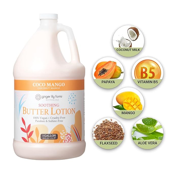 Ginger Lily Farms Botanicals Soothing Butter Lotion for Dry Skin, Coco Mango, 100% Vegan & Cruelty-Free, Coconut Mango Scent, 1 Gallon (Pack of 4)