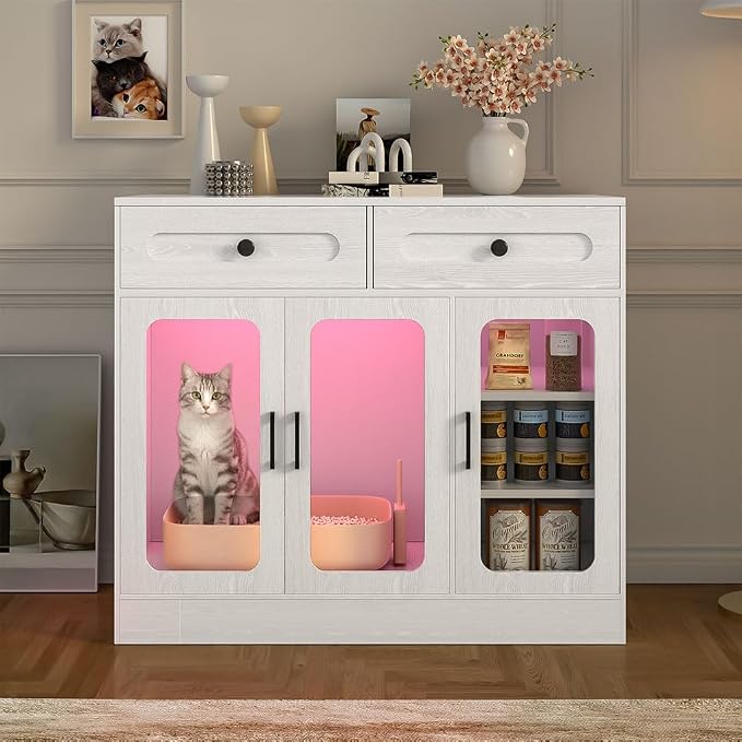 Cat Litter Box Enclosure Furniture with Glass Doors & LED Light, Large Hidden Litter Box Cabinet with Drawers and Adjustable Shelf, Modern Cat Litter Box Cover Side Entry for Living Room Bedroom,White
