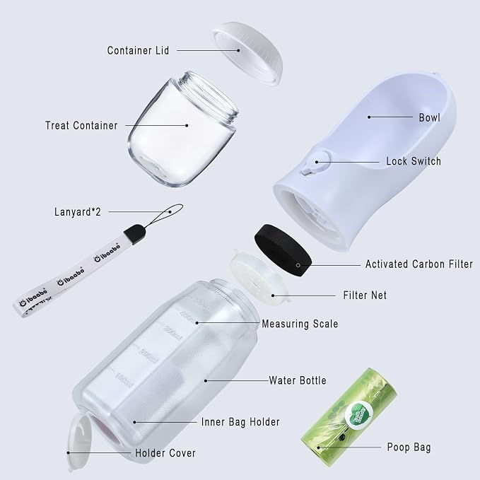 Cibaabo Dog Water Bottle with Food Container & Poop Bag Holder & Filter | Feeding & Hydration & Waste All in One | Travel Puppy Water Bowl | Portable Pet Dispenser | Dog Gifts | for Walking Beach