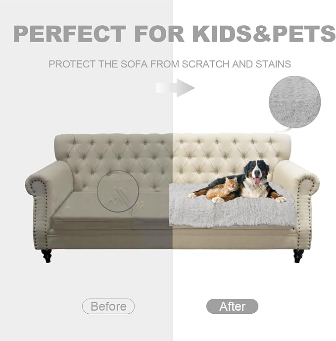 Dogs/Cats Bed Mats, Dog Pad Washable Removable Couch Cover with Anti-Slip Back, Plush Long Fur Mat, Perfect for Small, Medium and Large Dogs.(Light Gray, 30"x80")