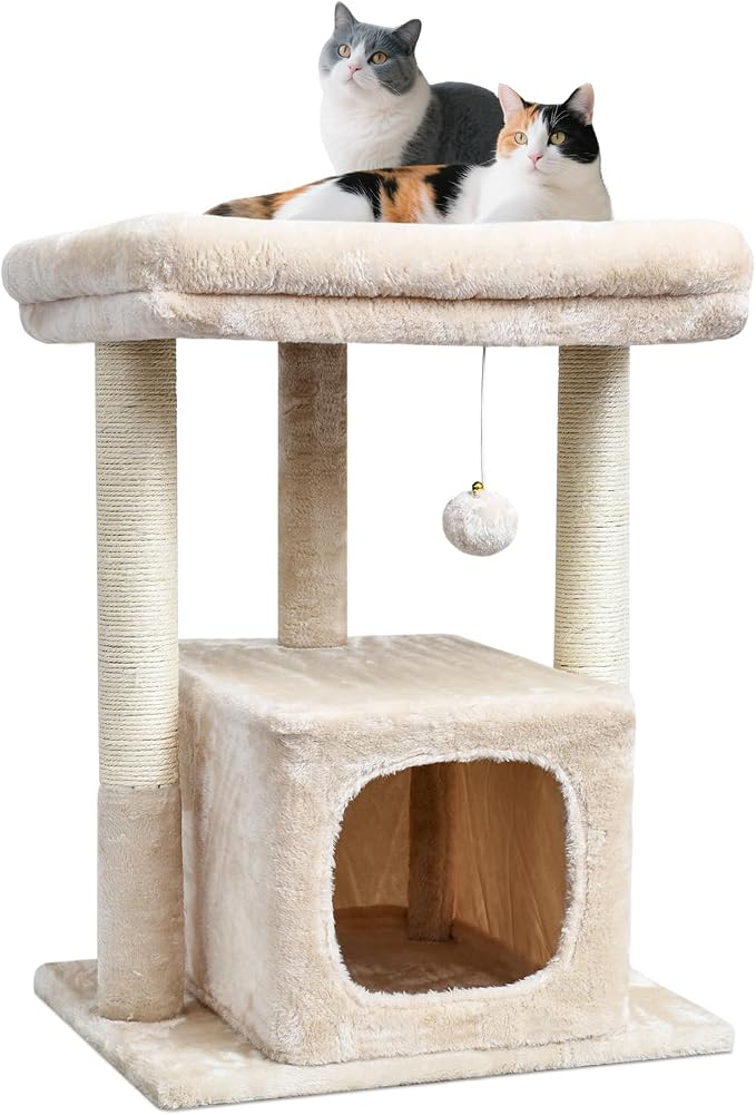SYANDLVY 27" Cat Tree for Indoor Cats, Activity Tower with Scratching Posts | Modern Kitten Condo with Plush Perch & Hanging Ball for Play, Beige