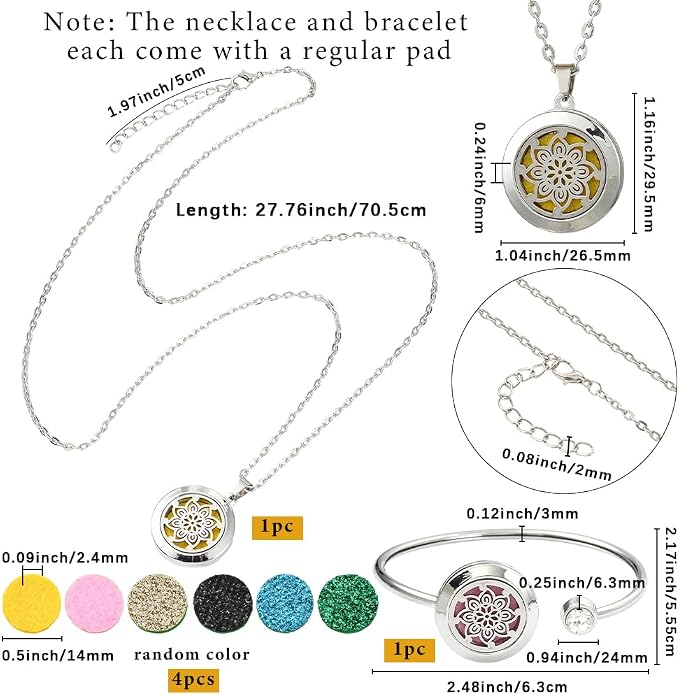 SUNNYCLUE 1Pc Essential Oil Diffuser Bracelet 1Pc Essential Oil Necklace with 10Pcs Refill Pads Flower Stainless Steel Necklaces Adjustable Cuff Bangles Aromatherapy Locket Bracelets for Women Gifts