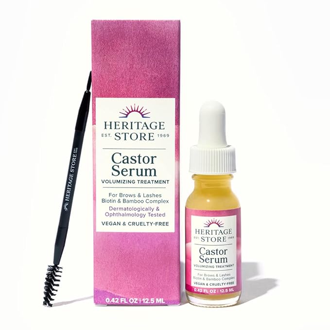 HERITAGE STORE Castor Oil Serum Volumizing Treatment for Fuller, Longer Looking Eyelashes, Bold Brows - Ophthalmology Tested Lash Serum w/Organic Castor Oil, Biotin, Vegan, 0.42oz