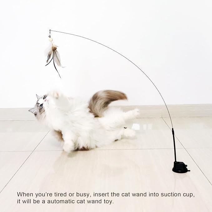 Cat Feather Wand Toy with Suction Cup, 2 in 1 Hands Free & Handheld Interactive Cat Teaser, Long Flexible Steel Wire Stick, 3 Replaceable Feather Bird Attachments with Bells for Indoor Kittens & Cats.