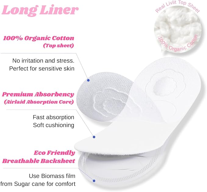 Livlit Ultra Thin Panty Liners Sanitary Pads, 100% Certified Organic Cotton from Texas, Light Absorbency, Chlorine Free, Unscented, Hypoallergenic Panty Liners for Women (40 Count)