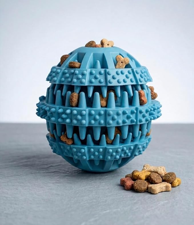 Rubber Dog Chew Toy Ball, Blue and Yellow, Bite-Resistant, Interactive Teeth Cleaning, Hidden Food Treat Dispenser for Dogs (Blue)