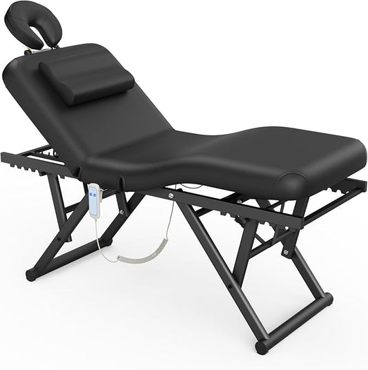 Electric Stationary Massage Table - Adjustable Massage Table with Manual Adjustable Backrest & Height, Treatment Tables with Electric Foot Lift, C-Shaped Pillow, Metal X-Frame, PU Leather for Beauty