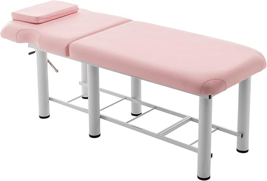 Professional Massage Table with Backrest, Faux Leather Stationary Physical Therapy Table, Metal Frame Barber Beauty Equipment, Removable Headrest Treatment Table Salon Spa Bed, Pink