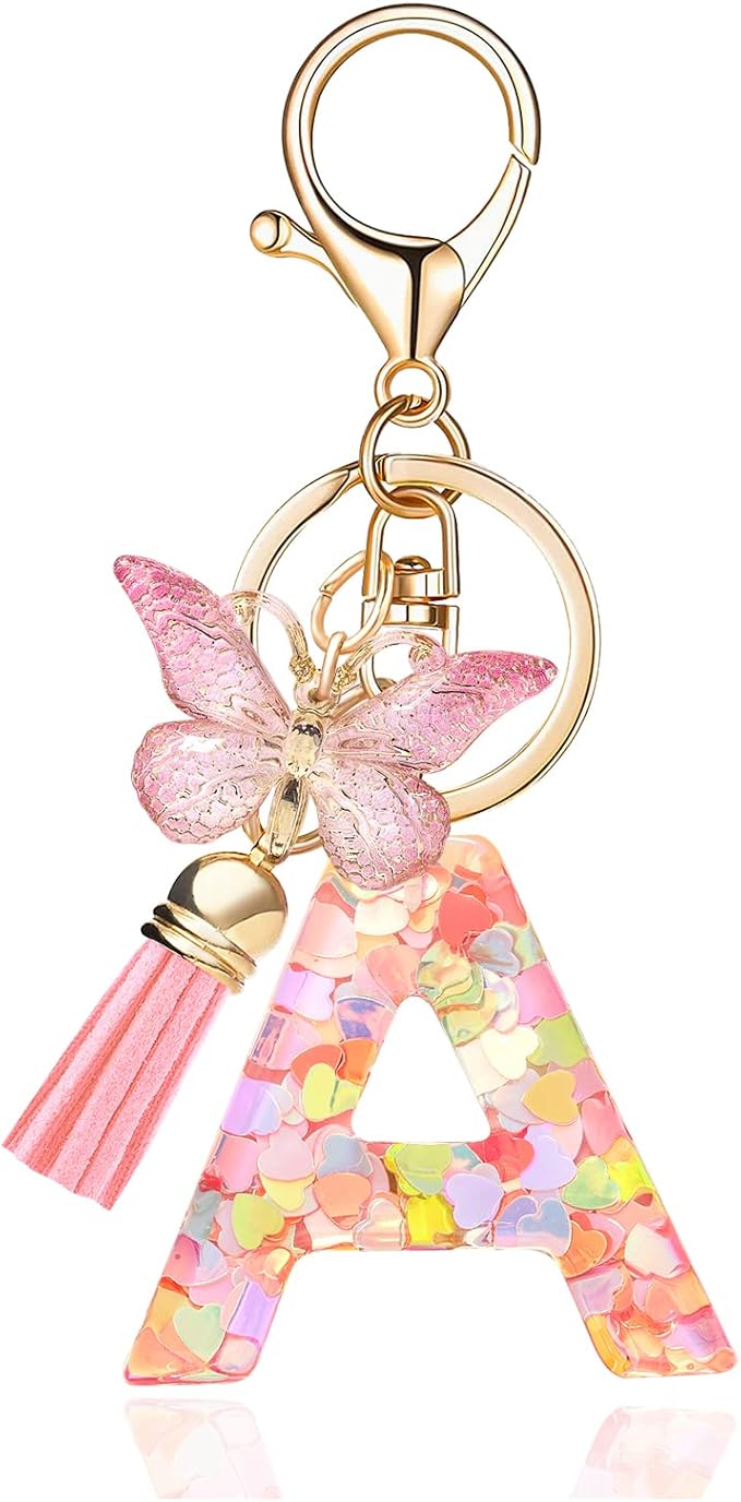Fashion Alphabet Initial Letter Keychain Tassel Butterfly Pendant Key Ring for Purse Handbags Women Girl