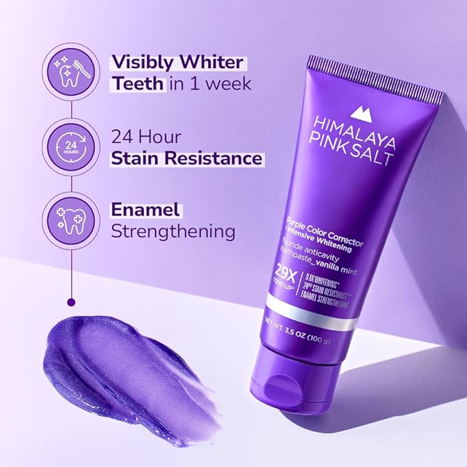 HIMALAYA PINKSALT Purple Whitening Toothpaste - Teeth Whitening, Deep Stain Remover with Fluoride, Plaque Remover, Appropriate for Sensitive Teeth, Peroxide Free - Vanilla Mint, 3.5 oz
