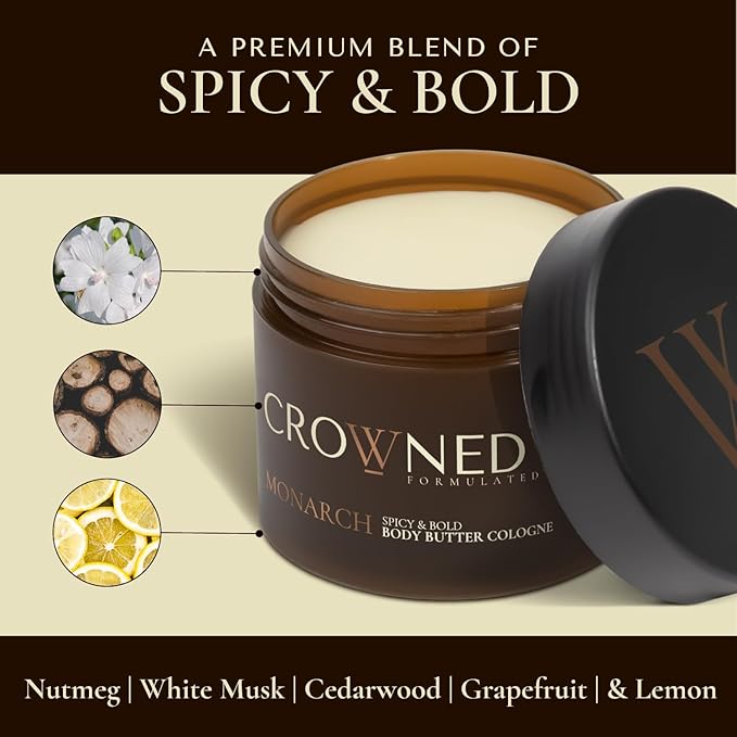 Crowned Skin Monarch Cologned Body Butter | Spicy and Bold Scent | Blended with White Musk & Cedarwood | Infused with Organic Shea & Mango Butters | Moisturizing Formula with All-Day Fragrance | 4.4oz