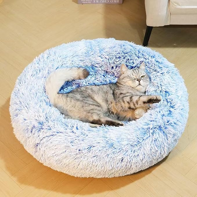 Cat Beds for Indoor Cats - Cat Bed Washable 20/24 inches, Dog Beds for Small Medium Dogs, Anti Anxiety Round Fluffy Plush Faux Fur Cat Bed, Thick Bottom (Cornflower Blue, Medium)