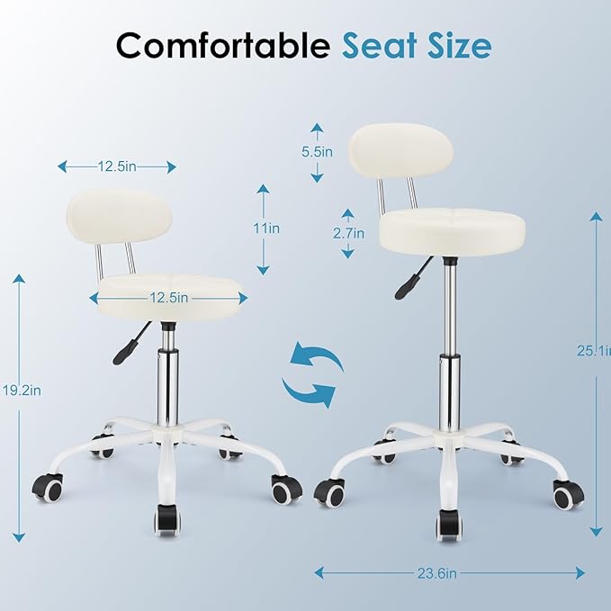 PU Leather Rolling Stool with Back Support Height Adjustable Swivel Stool Chair with Wheels Drafting Chair for Spa Slaon Massage Stable Base Foot White