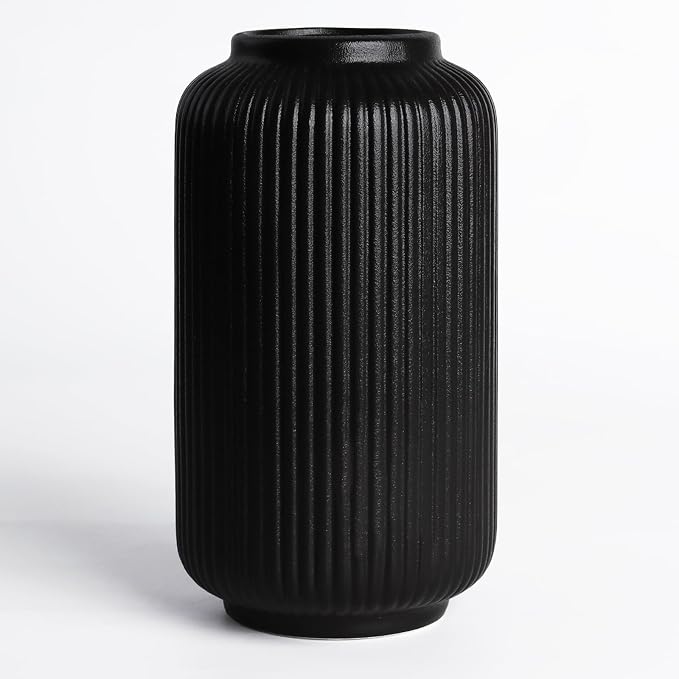 Black Ceramic Vase, 8 Inch Modern Flower Vase for Bouquet and Pampas Grass, Matte Frosted Large Opening Decorative Vase for Farmhouse Table, Shelf Decor