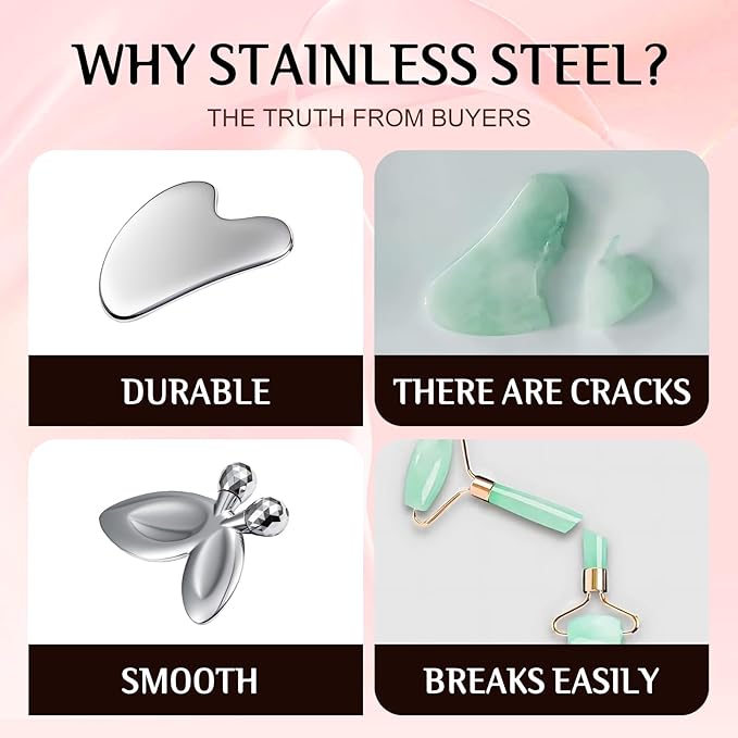 erdnretl Gua Sha Facial Tools and Face Roller Set, Stainless Steel Facial Sculpting Eyes Roller Guasha for Face, Chin & Jawline Sculpting,Skin Care (Stainless Steel)