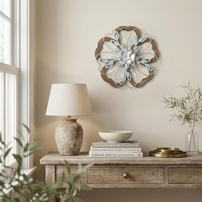Remenna Metal Flowers Wall Decor, Rustic Floral Art, White & Blue, Farmhouse Hanging Decoration for Living Room, Bathroom, Garden
