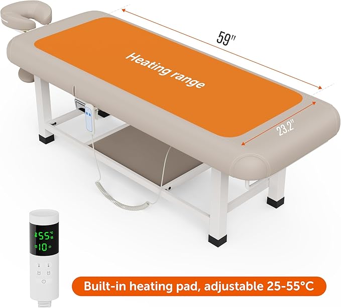 Heating Function 30 Wide x 75 Long Heavy Duty Electric Stationary Massage Table with Backrest Adjustable and Storage Space for Treatment/Medical Spa/Facial/Beauty/Massage Bed and More - Beige Gray