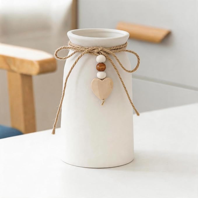 Rustic 6-Inch Ceramic Vase with Jute Rope & Heart Charm for Home Décor, White Flower Vase for Table Centerpieces and Gifts, Ideal for Living Room, Bedroom, and Office