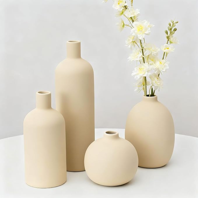 Beige Ceramic Vase Set of 4, Modern Neutral Colors Home Decor, Rustic Farmhouse Decorative Flowers Vases for Bouquet, Pampas | Table Mantel Centerpiece Bookshelf Living Room Bedroom (Beige)