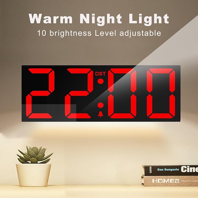 JALL 22" Large Digital Wall Clock, Big LED Number Dispaly, DST, Night Light for Classroom, Living Room, Bedroom, Mounted, Birthday Xmas Gift for Senior, Mem Womem Mom Dad, Red