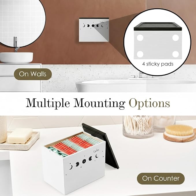 HOTCAN Discreet Wooden Tampon Holder for Bathroom with Built-In Vanity Lid | Feminine Pads Dispenser Organizer for Bathroom Countertop | Compact and Elegant Design | Multiple Mounting Options (Moon)