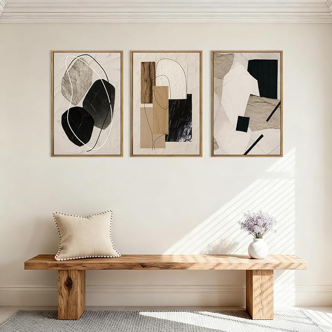 BINCUE Abstract Modern Wall Art Decor Framed Neutral Painting Prints Artwork for Living Room Bedroom 16x24 Inch Set of 3