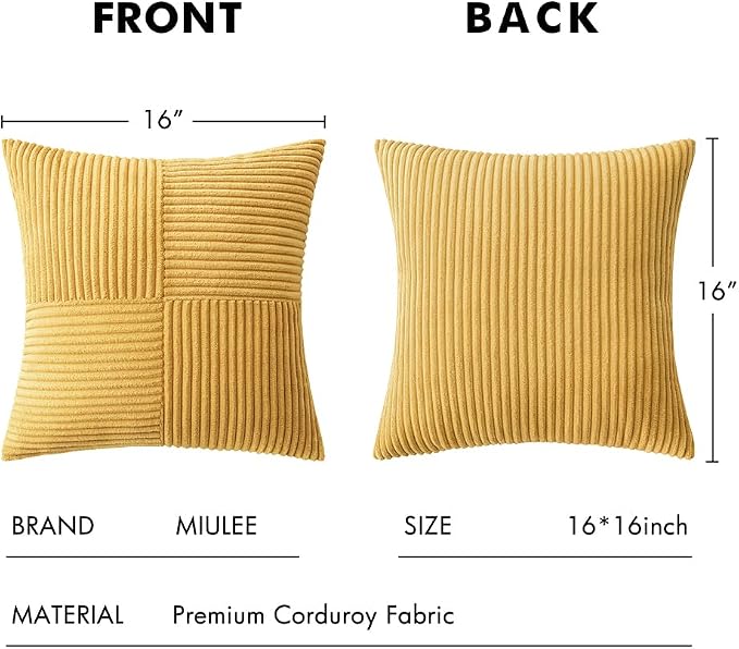 MIULEE Golden Mustard Decorative Throw Pillow Covers for Couch 16x16 Inch | 2 Pack, Boho Farmhouse Pillow Covers, Soft Cross Corduroy Patchwork Textured Cushion Cases For Bed Sofa